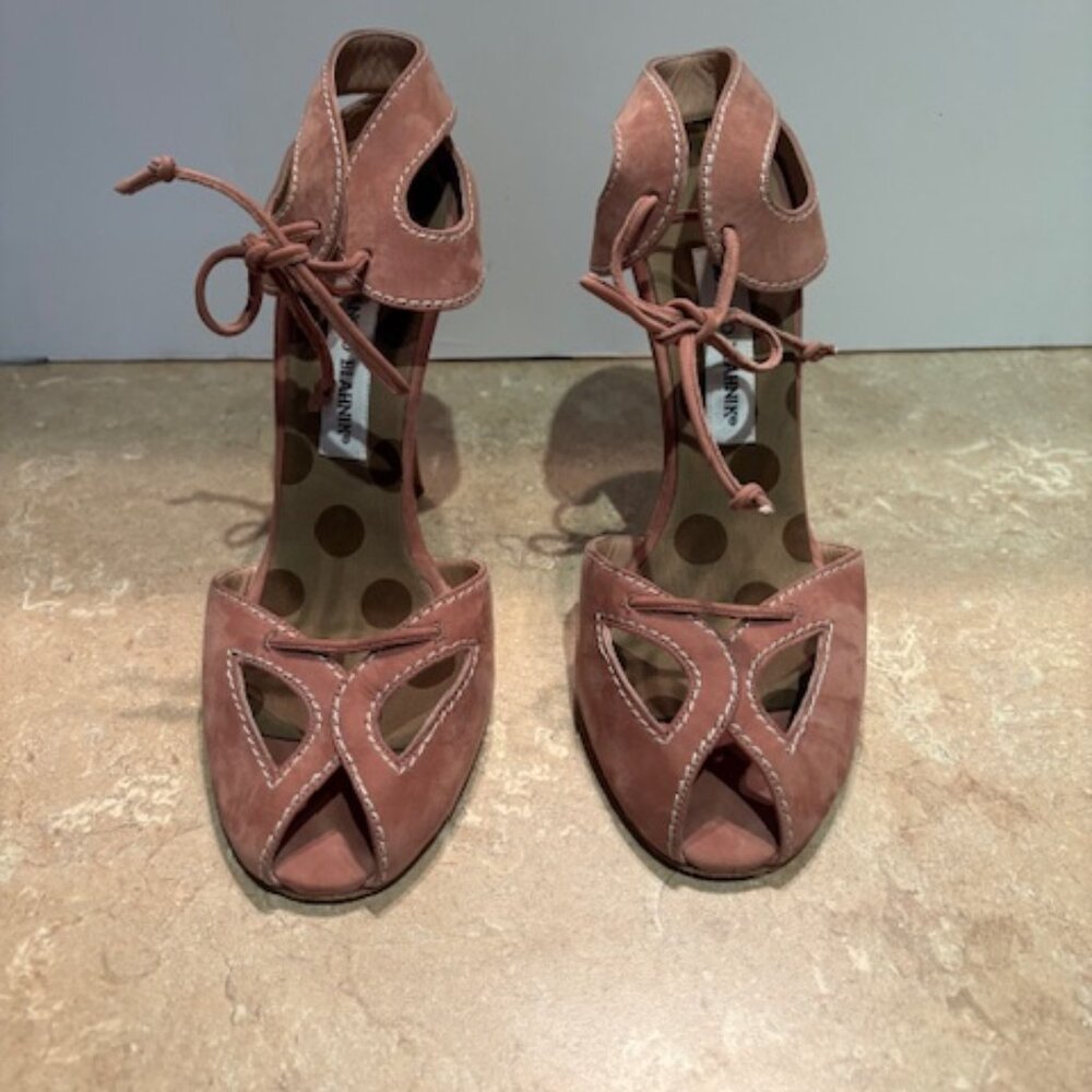 Manolo Blahnik Rose-Pink Suede Cutout Lace-Up Heels